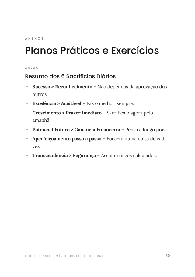 Página de anexos com planos práticos e exercícios do ebook